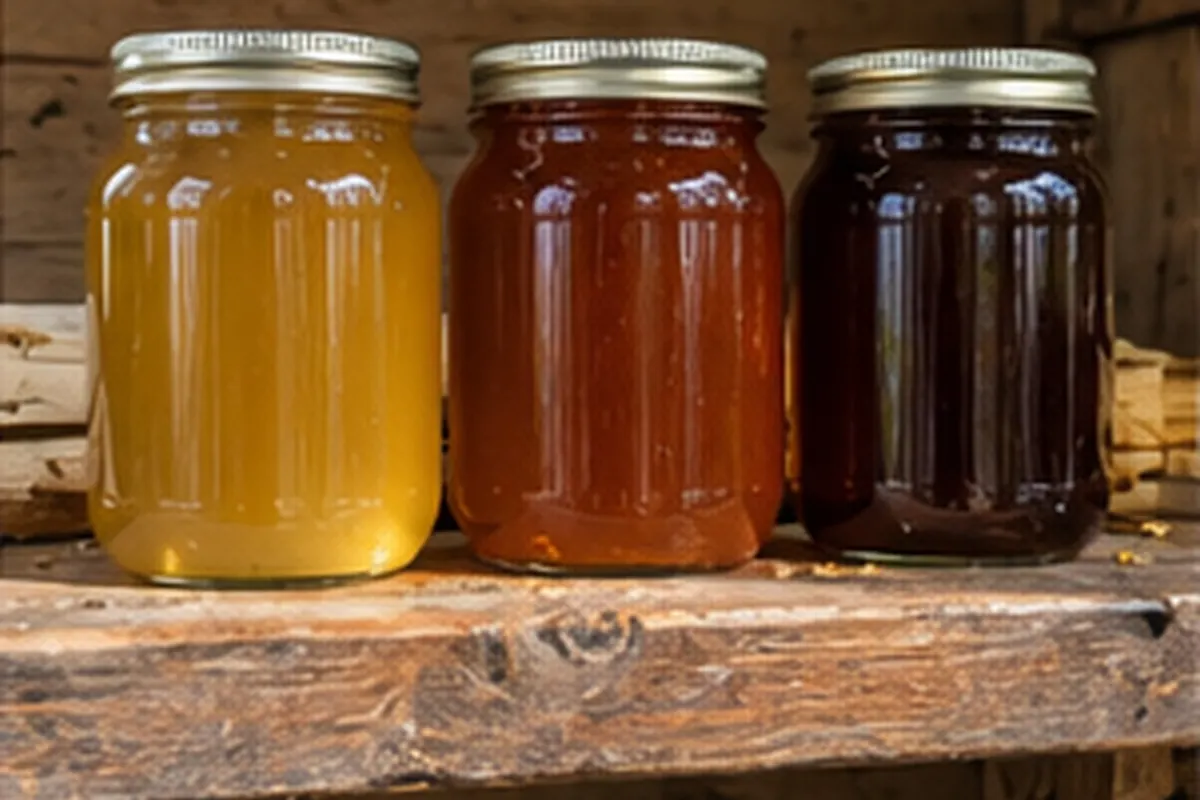 Three jars showing types of honey from light golden to amber to dark brown on a rustic shelf