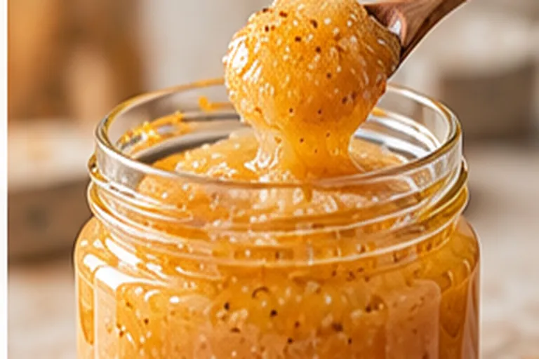 Spoon lifting thick, cloudy unpasteurized honey from a glass jar, showing tiny bubbles and texture