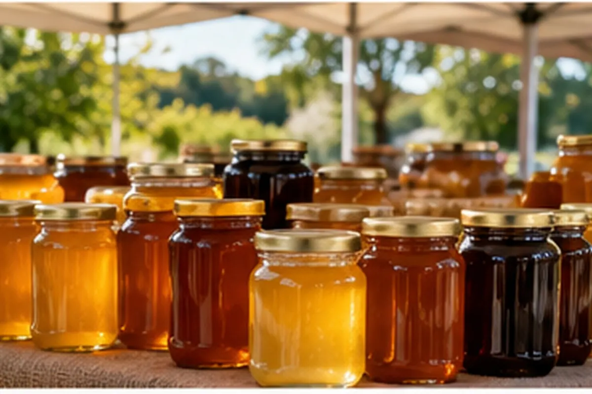 Rows of raw honey jars in many shades on a farmers market table, one place to buy raw honey