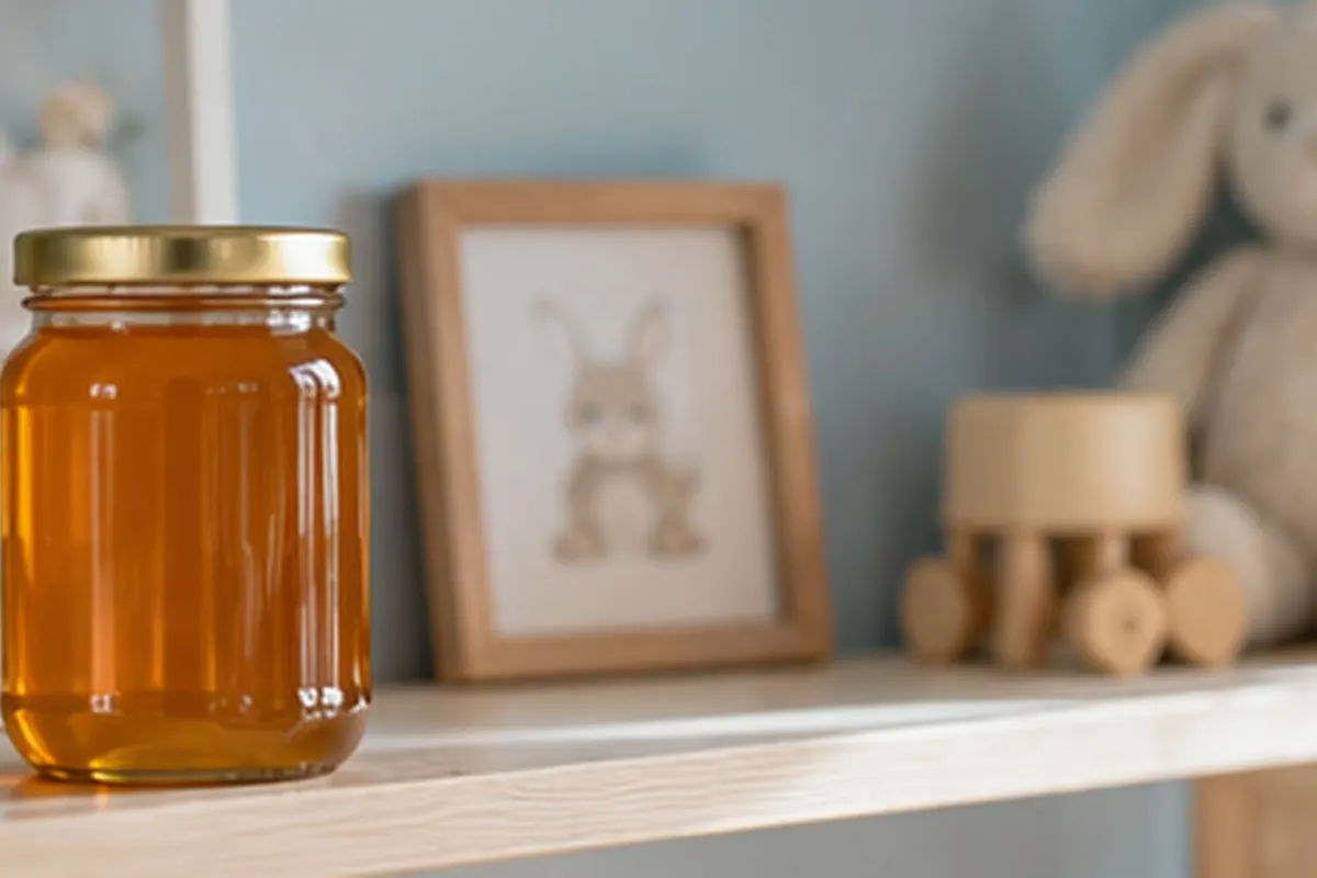 Jar of honey on a shelf in a baby's nursery, a reminder that honey is not for infants