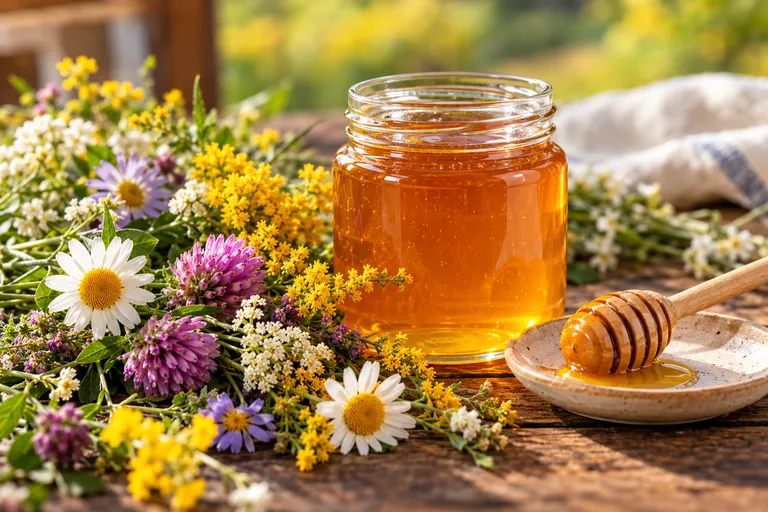 Jar of golden-amber wildflower honey beside clover, goldenrod and daisies with a honey dipper on a plate